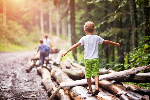 Tre små barn går på liggande trädstammar i en skog i norden.